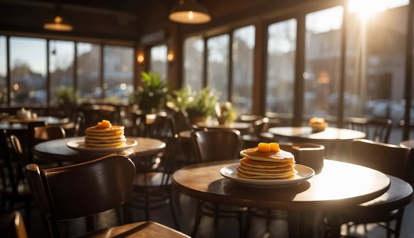 A cozy cafe with steaming coffee cups and plates of pancakes and eggs on tables. Sunlight streaming through the windows, highlighting the bustling atmosphere