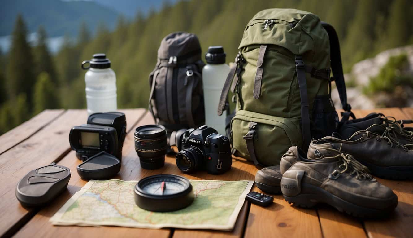 Hiking gear laid out on a wooden table, surrounded by a map, compass, and water bottle. A backpack stands ready next to sturdy hiking boots