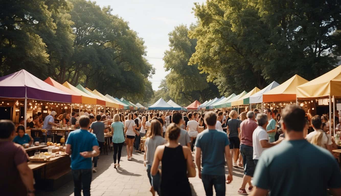 A bustling community event with colorful booths, lively music, and joyful people enjoying food and activities
