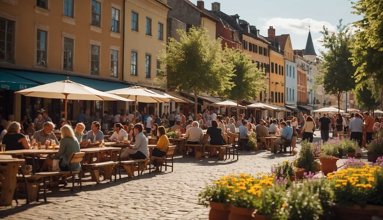 A vibrant town square with locals enjoying music, food, and art. Historic buildings and natural scenery surround the scene