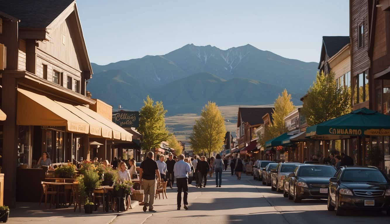 A bustling street with outdoor cafes and cozy restaurants, surrounded by mountains and colorful storefronts in the charming town of Driggs