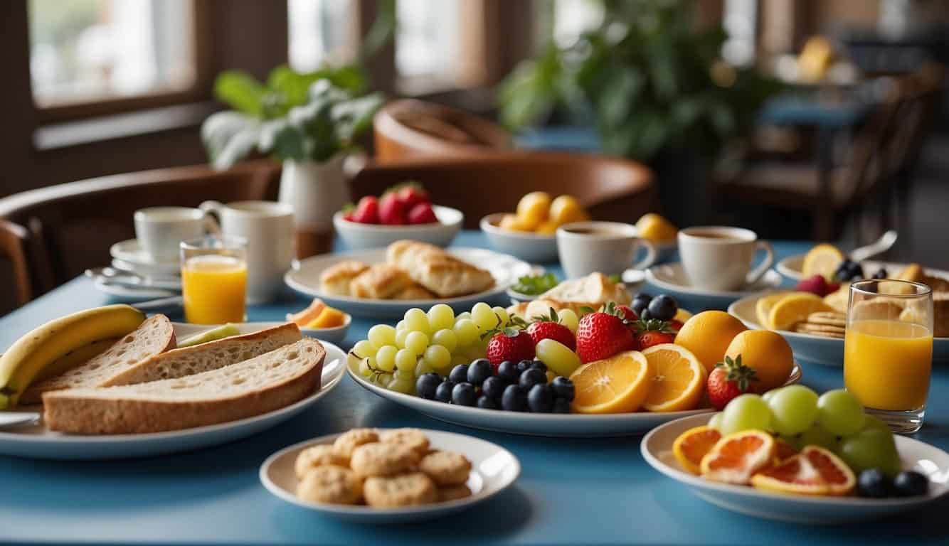 A table set with breakfast, lunch, and dinner options. Brightly colored fruits, steaming coffee, and a variety of dishes fill the space