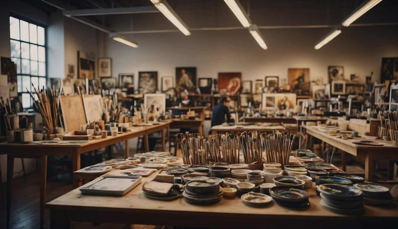 A bustling art studio with canvases and paintbrushes, showcasing the evolution of American art movements in the 20th century