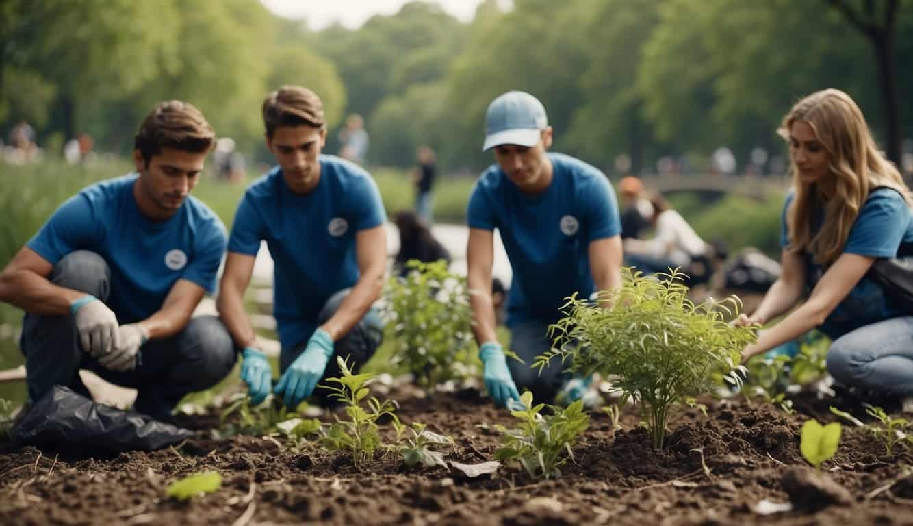 A group of volunteers plants trees along the river, while others pick up trash and recycle materials in the park