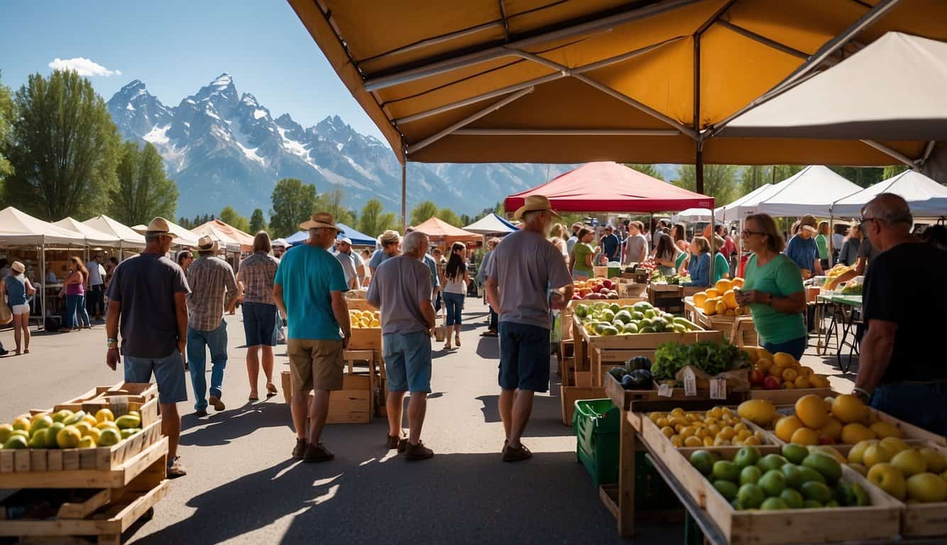 Visitors browse colorful stalls at Teton Valley Farmers' Market in Driggs. Vendors display fresh produce, artisanal crafts, and homemade goods. The picturesque backdrop of the Teton Range adds to the vibrant atmosphere