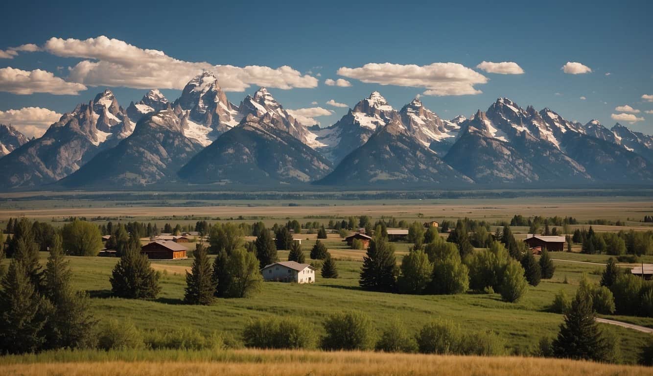 Rolling hills surround the town, with the Teton Range in the distance. The climate is characterized by cold, snowy winters and mild summers