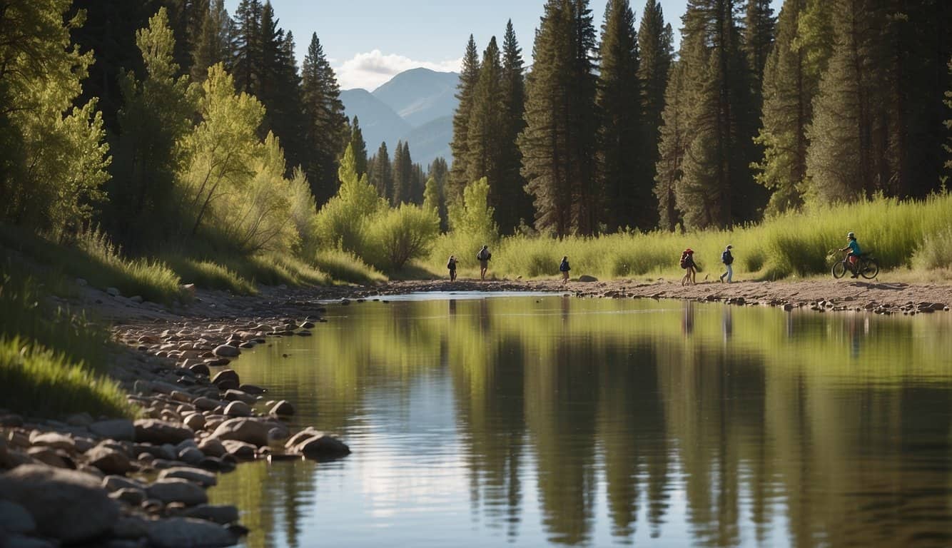 People fishing by a tranquil river, while others hike through lush forests and bike along scenic trails in Driggs, Idaho