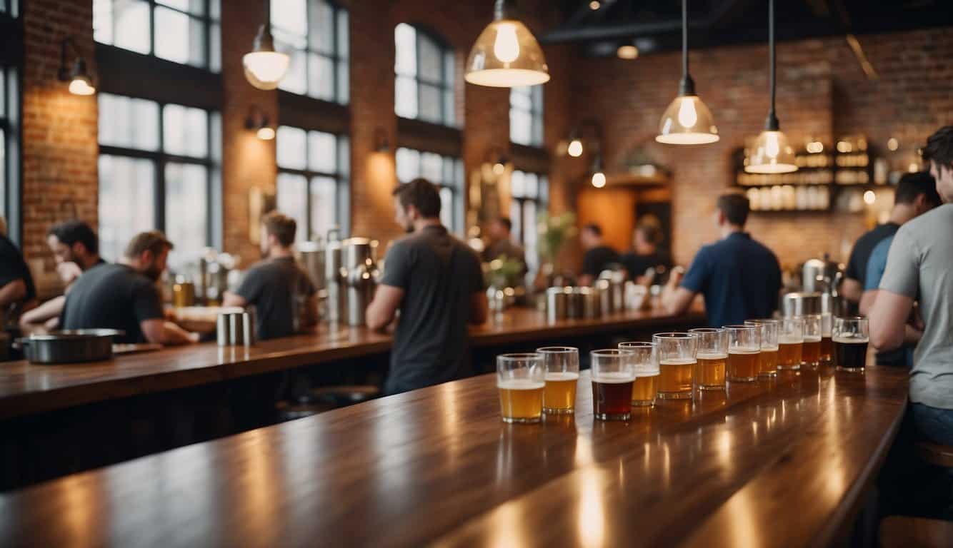 A bustling brewery with customers enjoying craft beers, while nearby cafes serve up freshly brewed coffee. The aromas of hops and roasted beans fill the air, creating a vibrant and inviting atmosphere