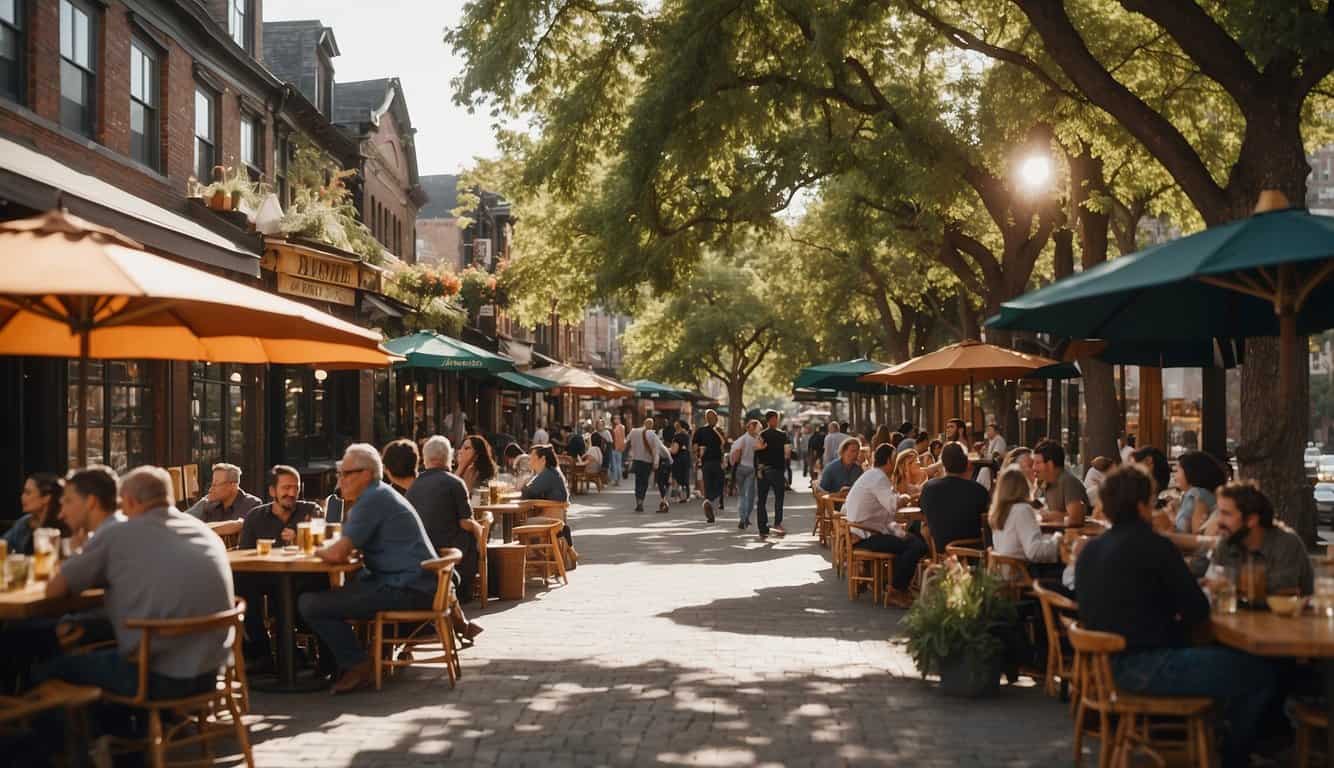 A bustling street lined with colorful local breweries and cozy cafes, with outdoor seating and people enjoying drinks and conversation