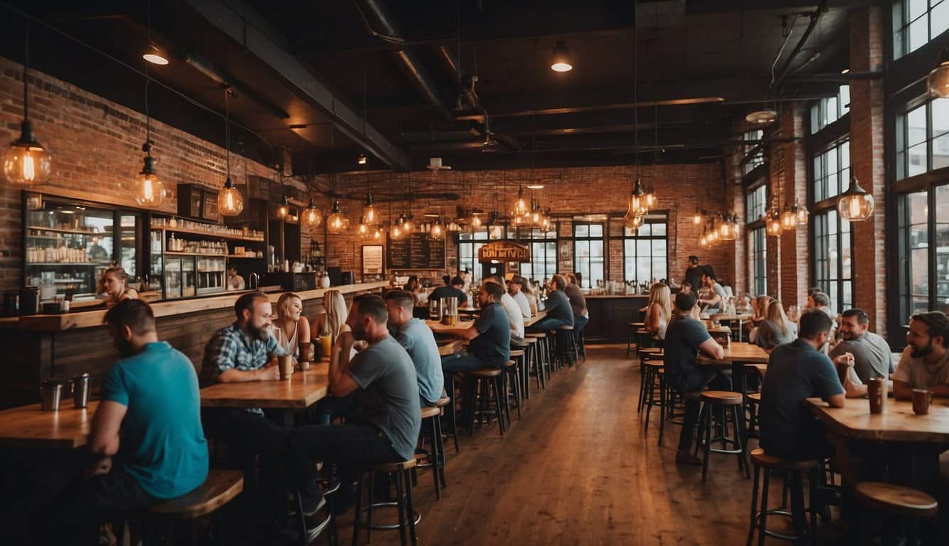 The bustling brewery and cafe scene in Atlanta, with patrons enjoying local brews and artisanal coffee in a vibrant and inviting atmosphere