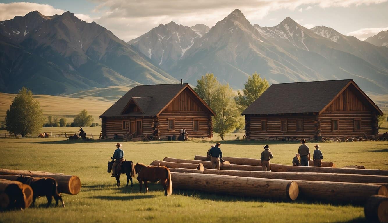 Mormon settlers building log cabins in Driggs, surrounded by mountains and farmland