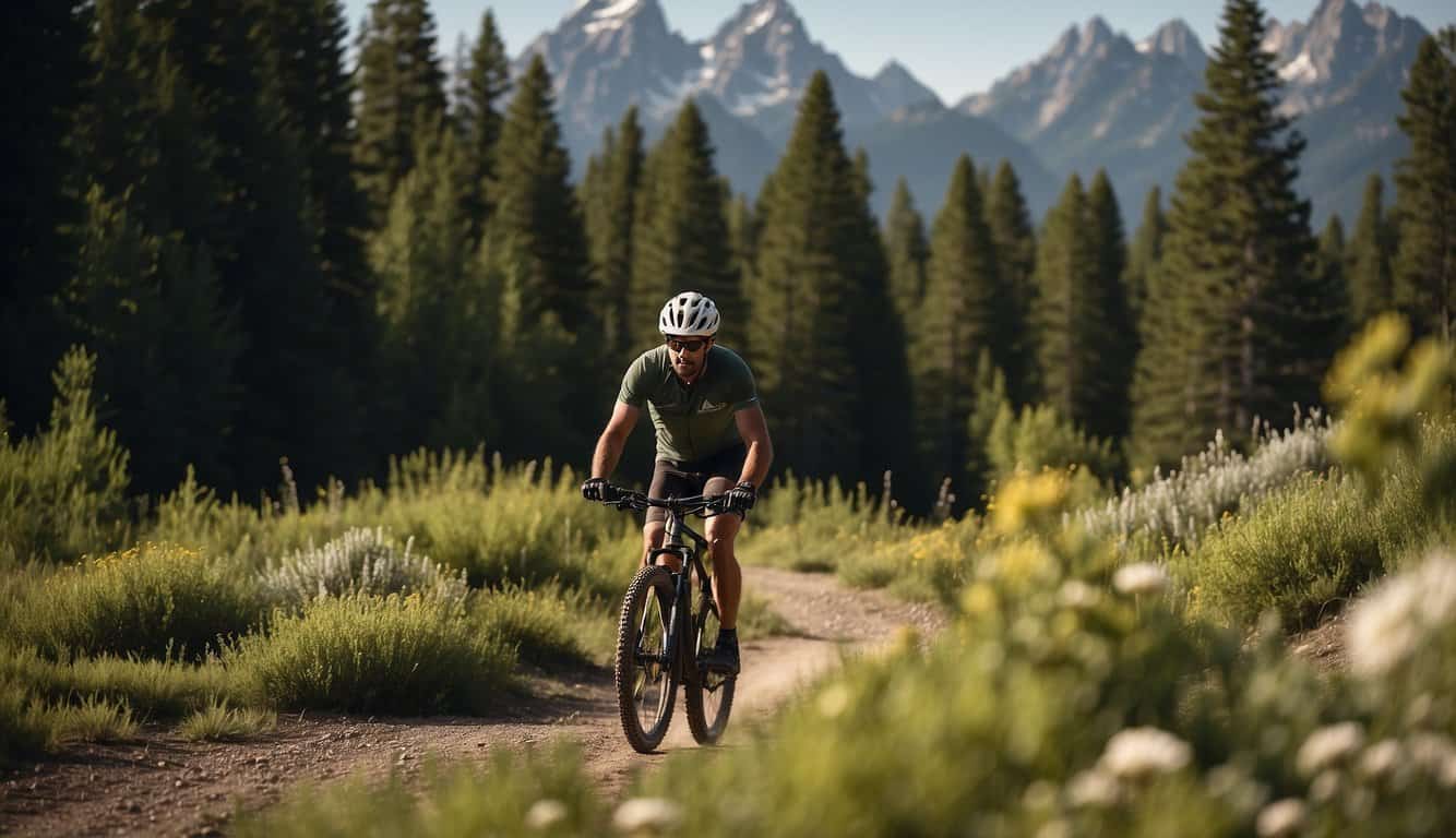 A mountain biker navigates a winding trail through lush forests and rocky terrain, with the Teton Range looming in the background