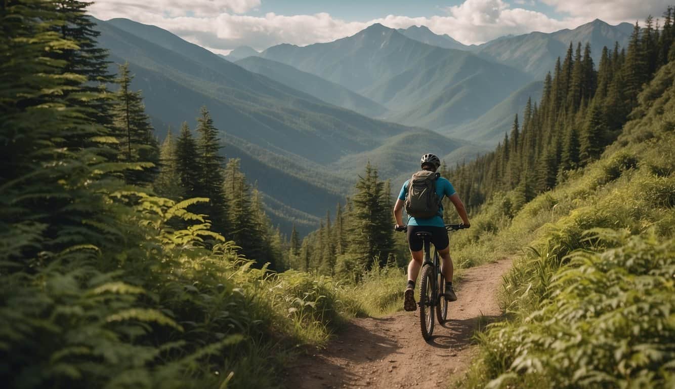 A winding trail cuts through lush forest, with rugged mountains in the background. A mountain biker navigates the challenging terrain, surrounded by breathtaking natural beauty