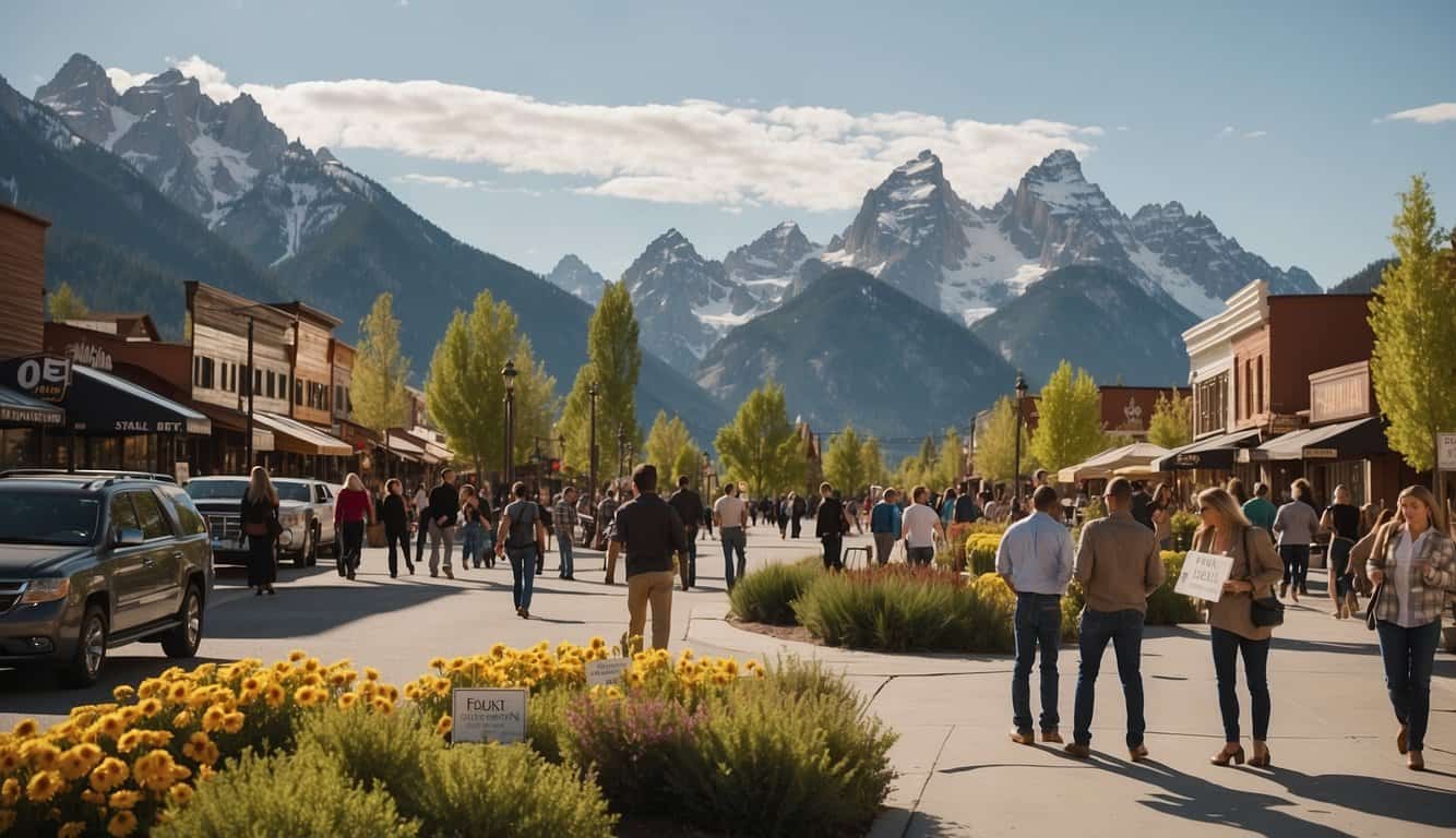 A bustling town square with colorful for-sale signs and busy real estate agents meeting with potential buyers. The backdrop of the Teton mountains adds a picturesque element to the scene