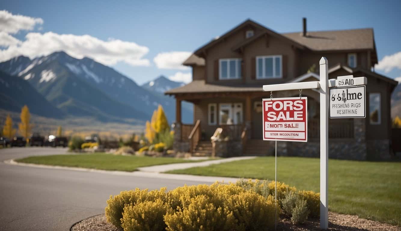A "For Sale" sign stands in front of a charming house with a mountain backdrop in the bustling Driggs real estate market