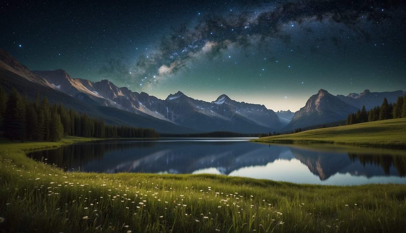 A serene meadow with a clear night sky, surrounded by towering mountains and a tranquil lake reflecting the stars