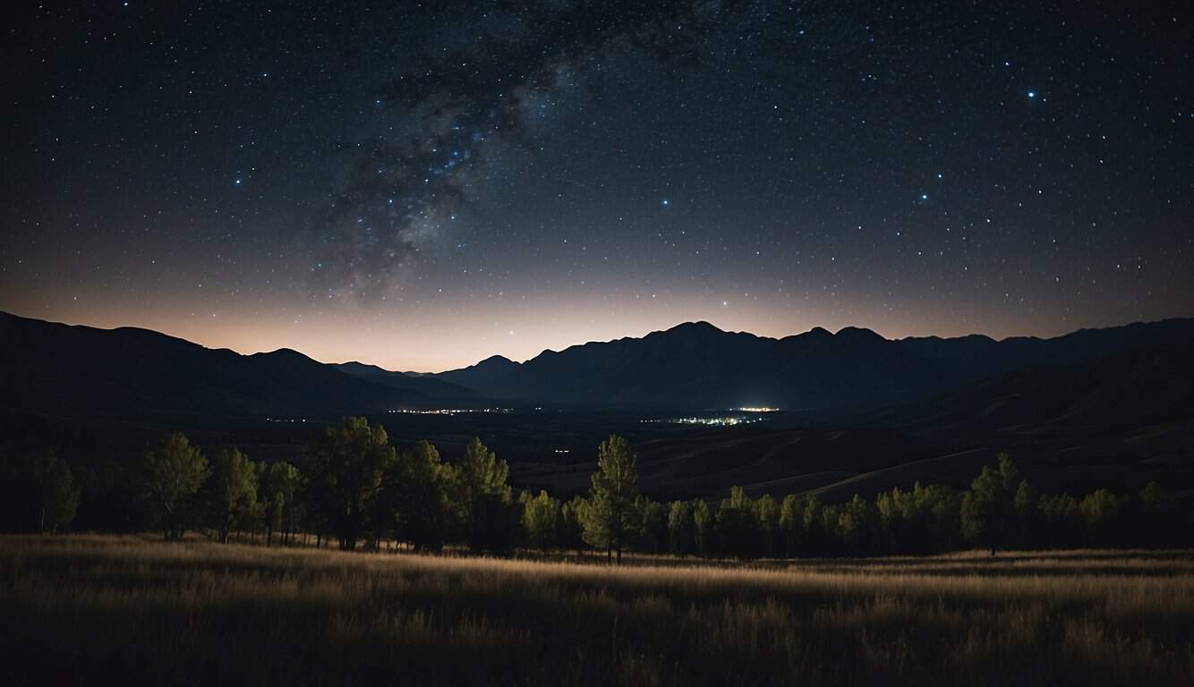 A clear night sky over Driggs, with silhouettes of mountains and trees, and twinkling stars scattered across the dark expanse
