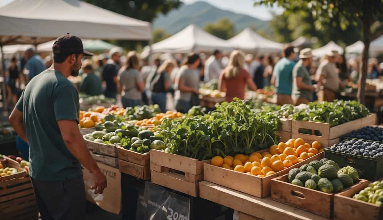 A bustling farmers market with vendors selling locally grown produce and handmade goods, surrounded by community gardens and solar panels