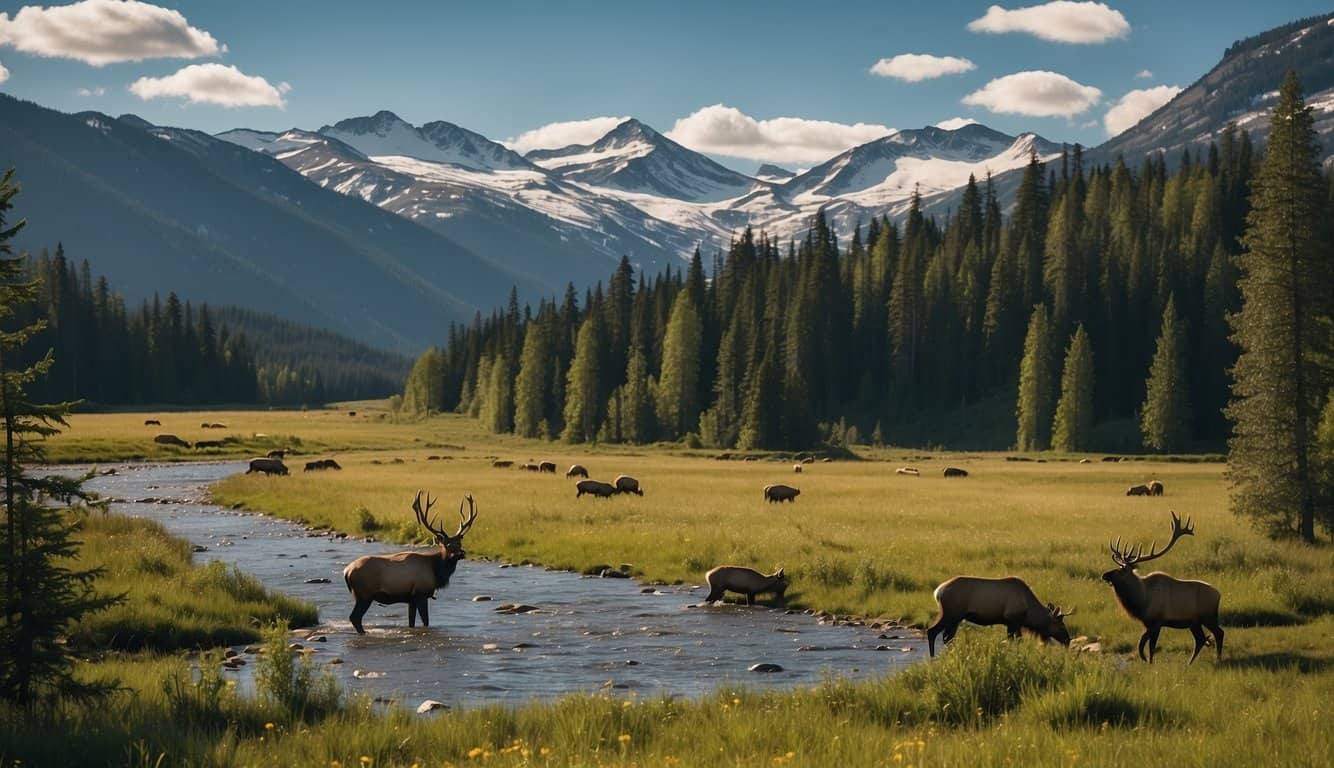 Lush meadows with grazing elk, a winding river with otters, and a dense forest with nesting birds. Snow-capped mountains in the background